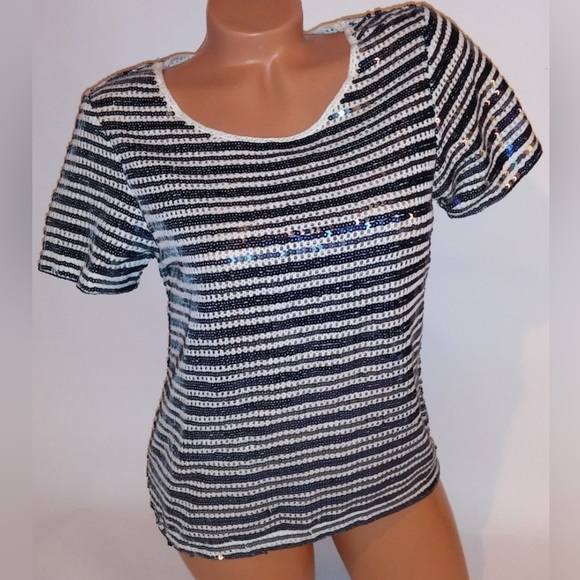 Chico's Knit Navy Blue and White Women’s Sequin Striped Pullover Blouse Size 3 - Picture 1 of 10